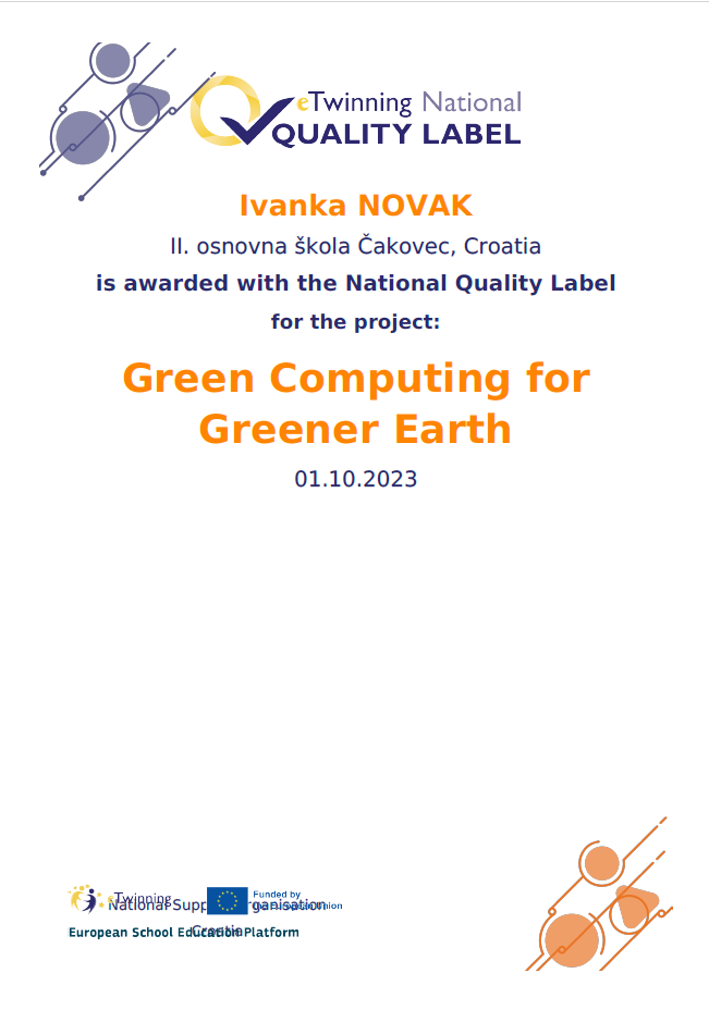 eTwinning QL Green Computing for Greener Earth Ivanka Novak